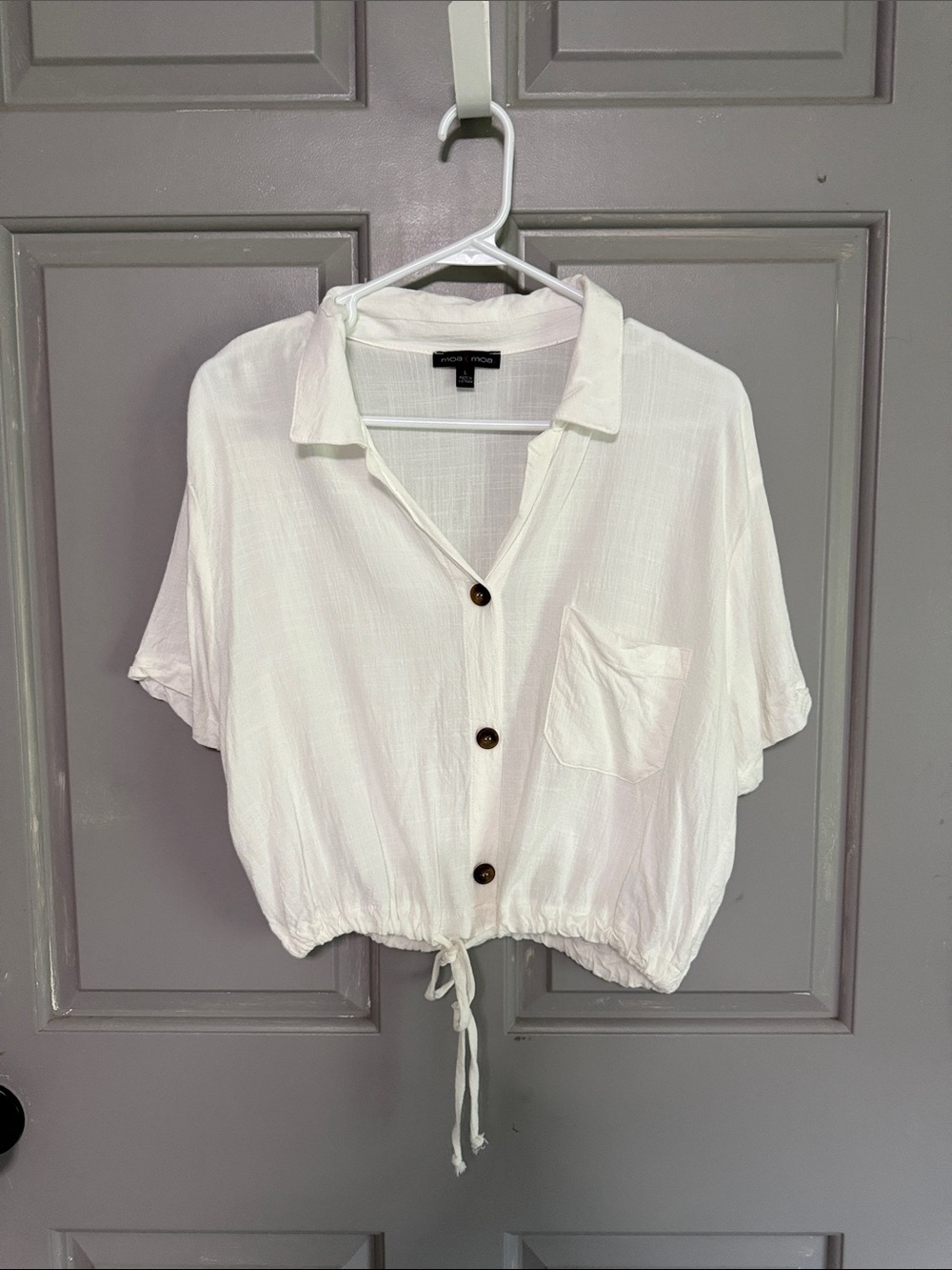 Moa Moa White Cropped Button-Down Shirt with Drawstring